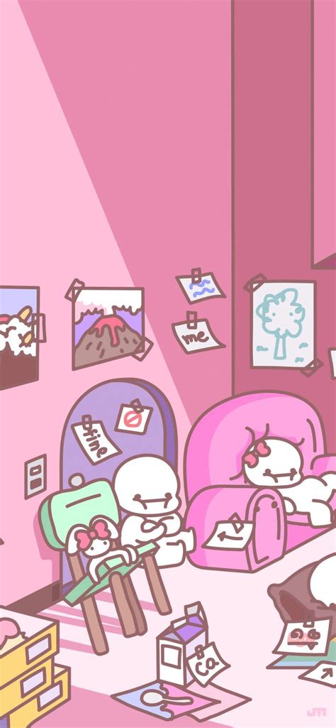 A Room With Pink Walls And Pictures On The Wall