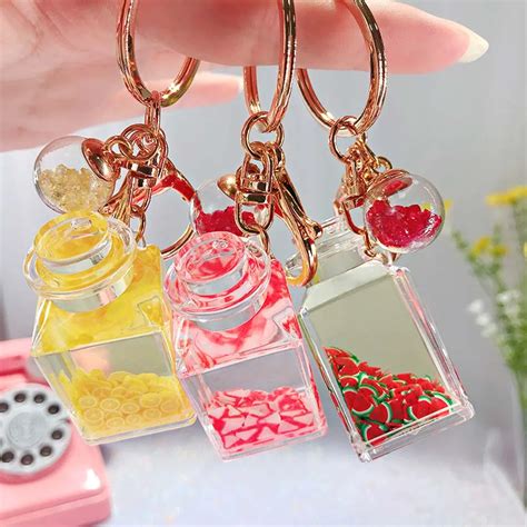 Creative Glitter Quicksand Key Chain Liquid Floating Fruit Keyring Keychain Bag Charm Pendant