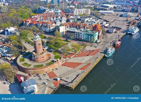 KOLOBRZEG, POLAND - 25 APRIL 2019 - Aerial View on Kolobrzeg City, Area of Lighthouse at Baltic ...