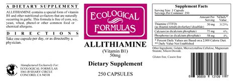 Allithiamine (Vitamin B1) 50 mg 250 caps By Ecological Formula