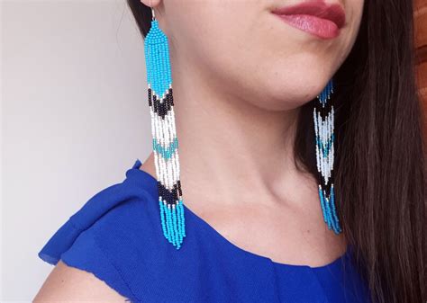 Long Native American Beaded Earrings Blue Seed Bead Earrings Etsy