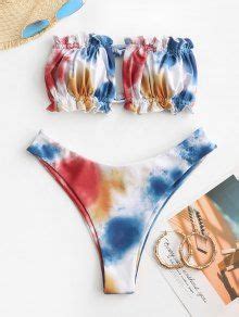 Zaful Tie Dye Bandeau Frilled High Cut Bikini Swimwear In Blue Zaful