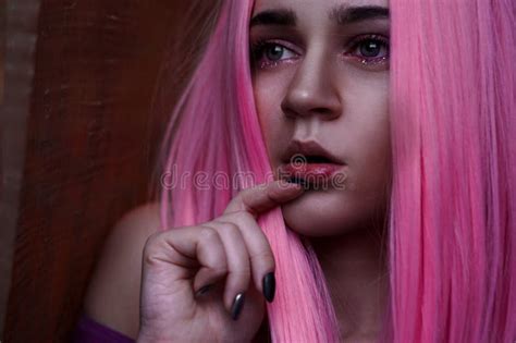 Beauty Fashion Model Girl With Pink Hair Colourful Hair Stock Photo