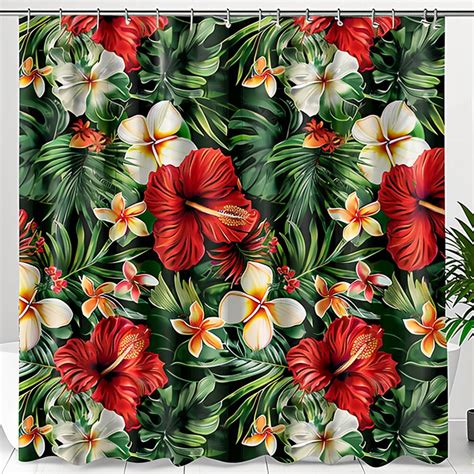 Tropical Floral Shower Curtain With Hibiscus Plumeria Monstera And Palm