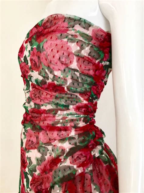 Vintage Scaasi Strapless Red Floral Print Strapless Cocktail Dress For