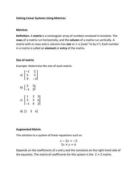 SOLUTION College Algebra Solving Linear Systems Using Matrices Notes