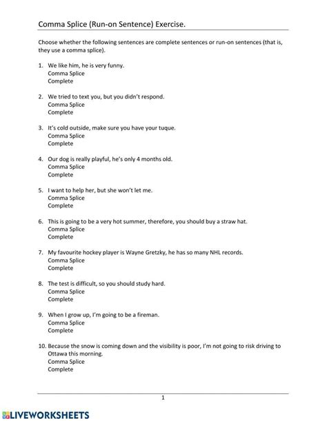 Comma Splice Exercise Worksheet Live Worksheets Worksheets Library