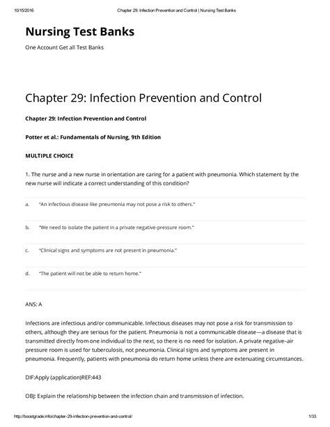 Infection Prevention And Control Nursing Test Banks Questions And