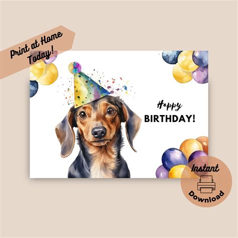 Printable Dachshund Birthday Card Instant Download Print At Home Card Dachshund Ts From