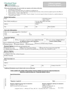 Fillable Online Csuohio Official Academic Transcript Request