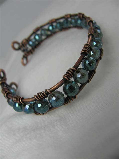 Teal Crystal And Copper Wire Wrapped Cuff Bracelet Etsy