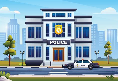 Police station building with patrol car on cityscape background. Vector ...