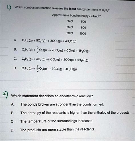 Solved 1 Which Combustion Reaction Releases The Least Energy Per Mole