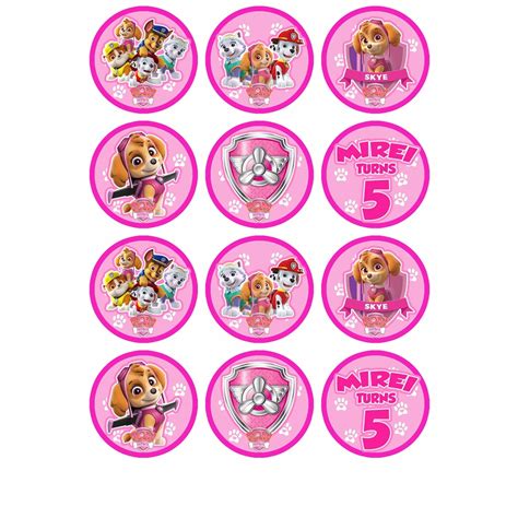 12 PCS PAW PATROL PINK CUPCAKE TOPPER WITH CUSTOMIZED NAME AND AGE