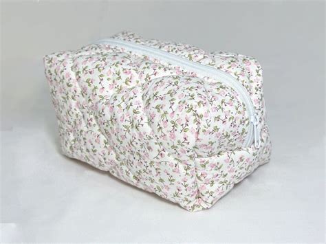 Small Flower Makeup Bag Pink Floral Makeup Bag Quilted Cotton Cosmetic