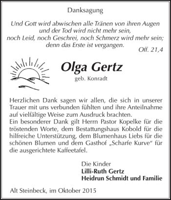 Traueranzeigen Von Olga Gertz Trauer Nordkurier