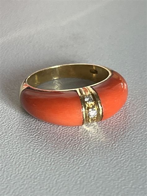 Proantic C Bague Jonc Or Jaune Corail Cabochon Diamants