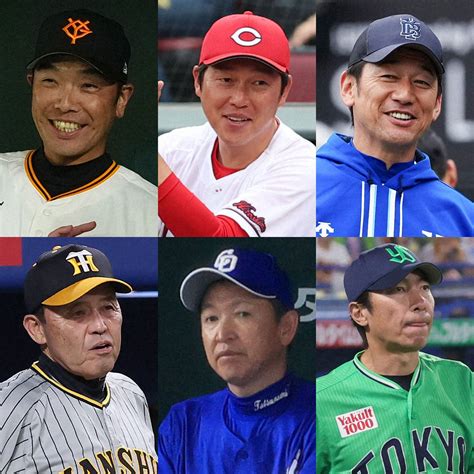 （左上から時計回りに）巨人・阿部監督、広島・新井監督、dena・三浦監督、ヤクルト・高津監督、中日・立浪監督、阪神・岡田監督 ― スポニチ