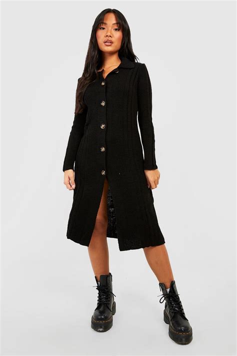 Petite Rib Knit Collared Midi Dress Boohoo Uk