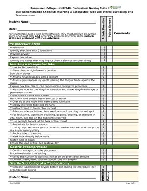 NUR2648 Skill Demonstration Checklist Pediatric Assessment Student