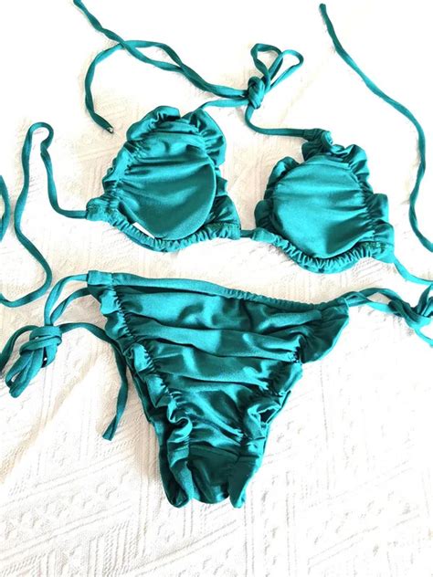 Frilled Three Point Bikini Sexy Micro Swimsuit High Waist Drawstring Swimwear Custom Solid Color