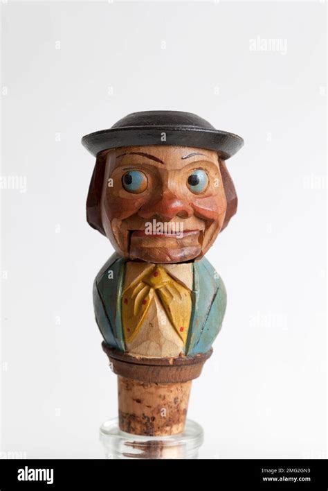 Vintage Antique Anri Carved Wood Character Bottle Stopper Stock Photo