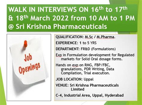 Sri Krishna Pharmaceuticals Walk In Interviews For FR D On 16th To