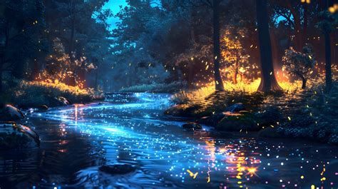 Enchanted Forest Scene Digital Art Print Twilight River Reflection