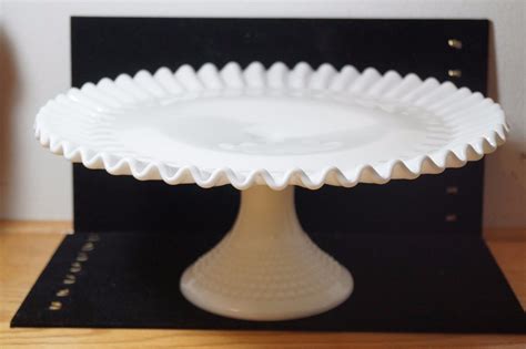 Vintage Fenton White Milk Glass Hobnail Ruffled Pedestal Cake Stand