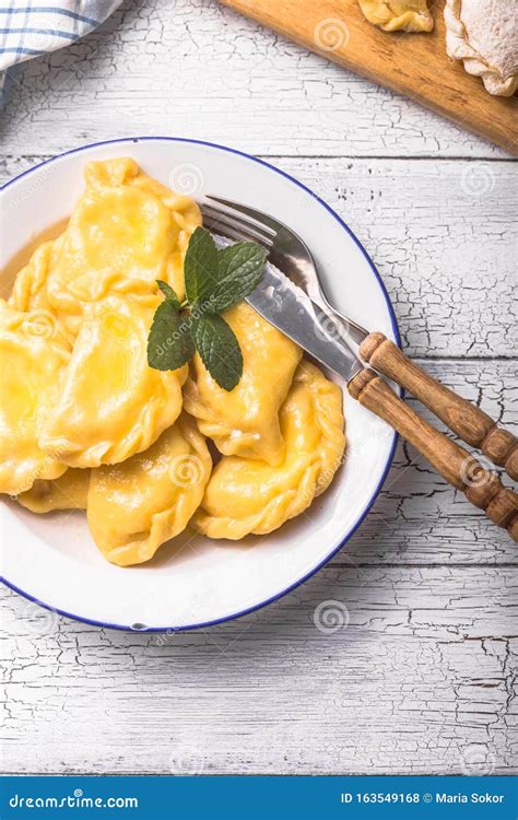 Ukrainian Dumplings Pierogi Or Pyrohy Varenyky Vareniki Served With