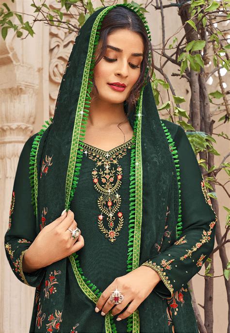 Buy Embroidered Crepe Punjabi Suit In Dark Green Online Kqu