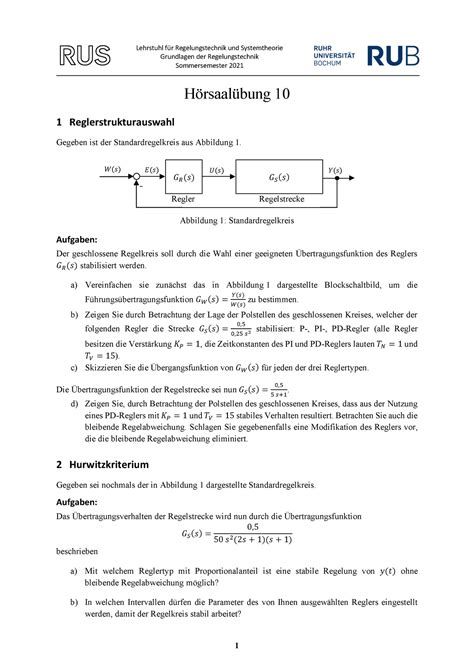 Hoersaaluebung Aufgaben Lehrstuhl F R Regelungstechnik Und