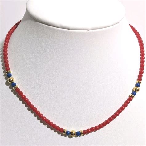 Dainty Vintage 50s Red Blue And Gold Monet Necklace Gem