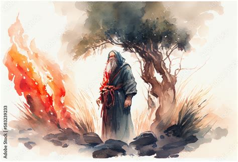 Watercolor Illustration Of A Moses And The Burning Bush Painting Generative Ai Stock