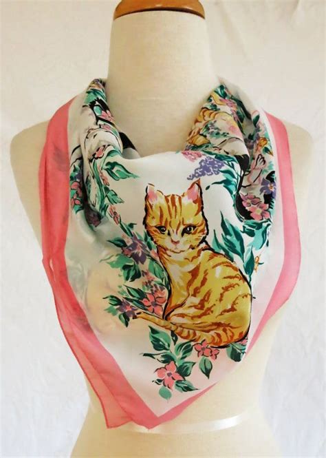 Vintage Avon Scarf With Cat Print Made In Italy By DustyDesert 10 00