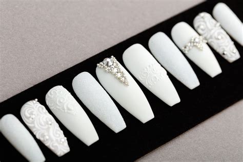 All White Press On Nails With Rhinestones Wedding Nails Fake Nails False Nails Glue On Nails