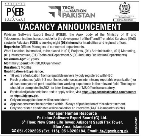 Vacancy Announcement At Pakistan Software Export Board PSEB 2025 Job