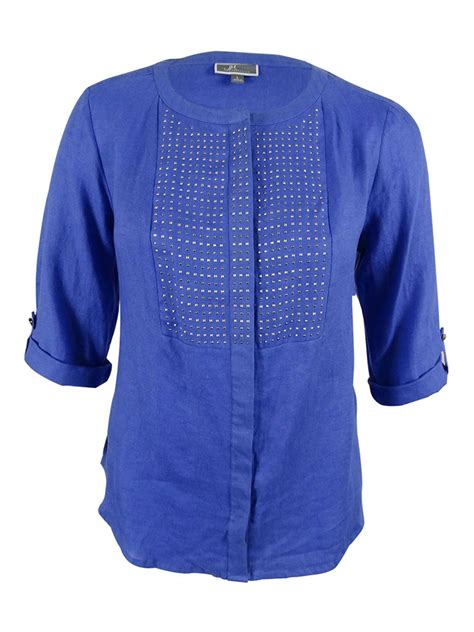 Jm Collection Jm Collection Womens Embellished Tab Sleeve Linen Top