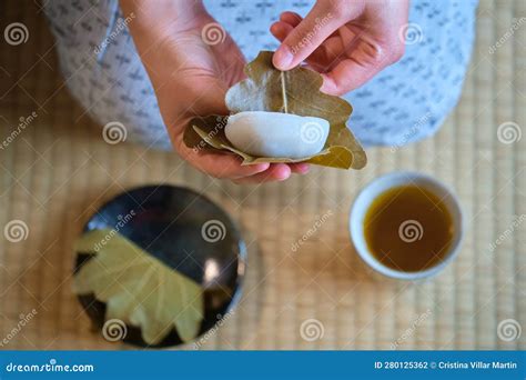 Hands Holding Japanese Kashiwa Mochi And Green Tea On Tatami Stock