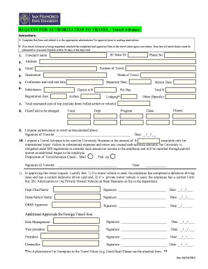 Fillable Online Fiscaff Sfsu Request For Authorization To Travel