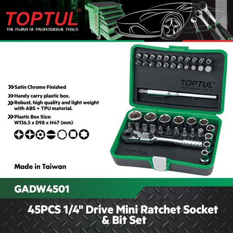 Toptul 45PCS 1 4 Drive Mini Ratchet Socket Bit Set GADW4501