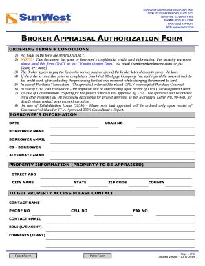 Fillable Online Broker Appraisal Authorization Form Sun West Mortgage