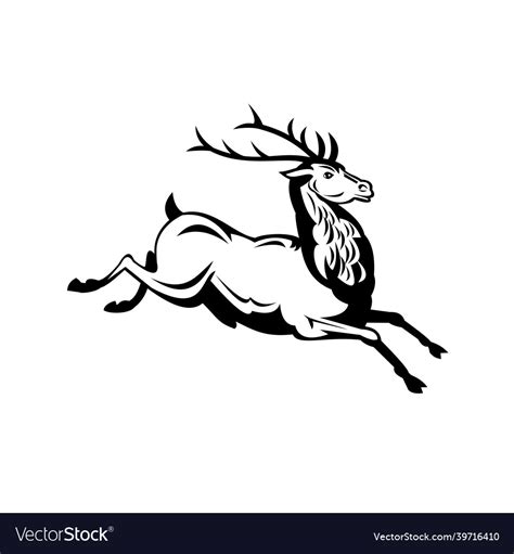 Red Deer Stag Running And Jumping Side View Retro Vector Image