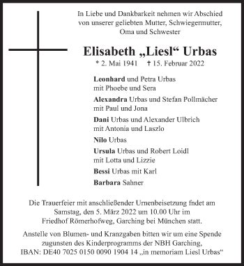 Traueranzeigen Von Elisabeth Urbas Sz Gedenken De