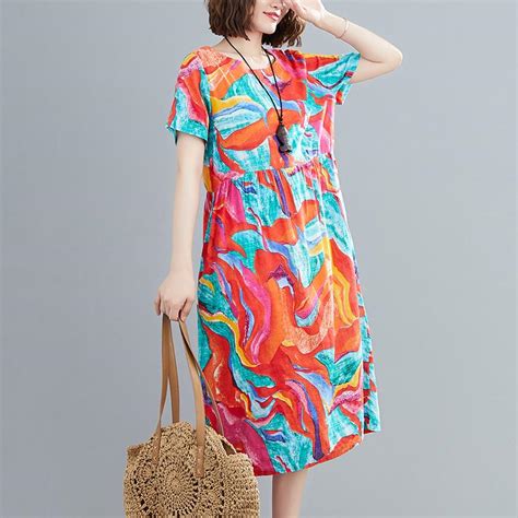 Buy Cotton Linen Plus Size Vintage Floral Women Casual Loose Long Summer Dress Elegant Clothes