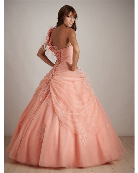 Apricot Pink Ball Gown One Shoulder Lace Up Full Length Quinceanera