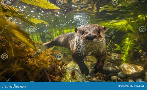 Playful River Otter Swimming Underwater among Aquatic Plants, Perfect ...