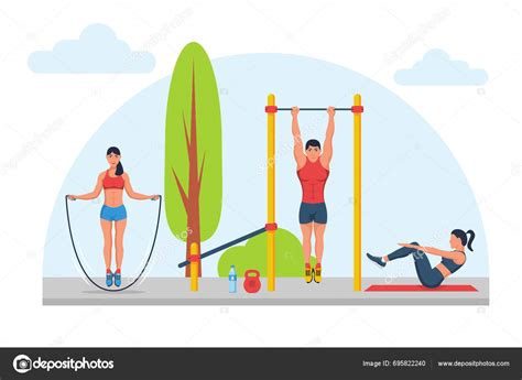 Workout Area Man Pull Ups Horizontal Bar Girl Jumping Rope Stock Vector