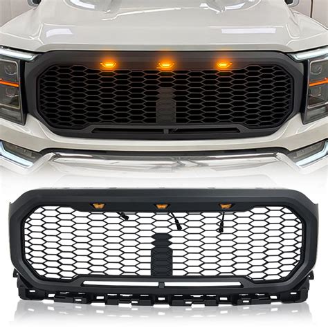 2021 2022 Ford F150 Raptor Style Front Mesh Grille W3 Amber Lights