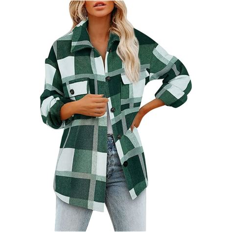 Jacket For Women Flannel Plaid Long Sleeve Lapel Button Down Shirts Fall Coat With Pockets Green